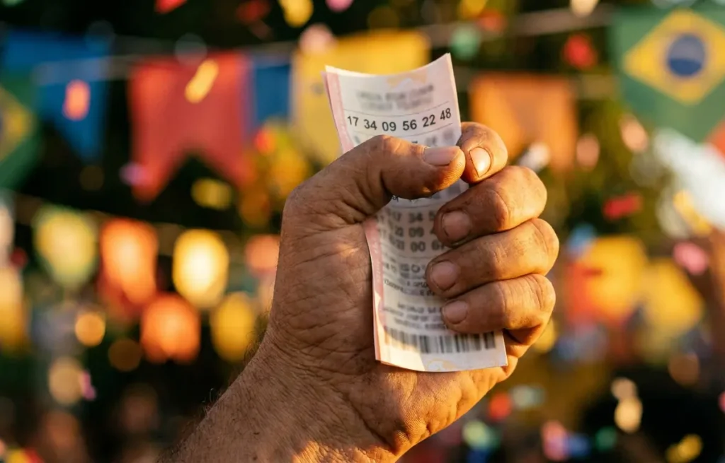 Mão segurando um bilhete de loteria em festa de São João, tons quentes
