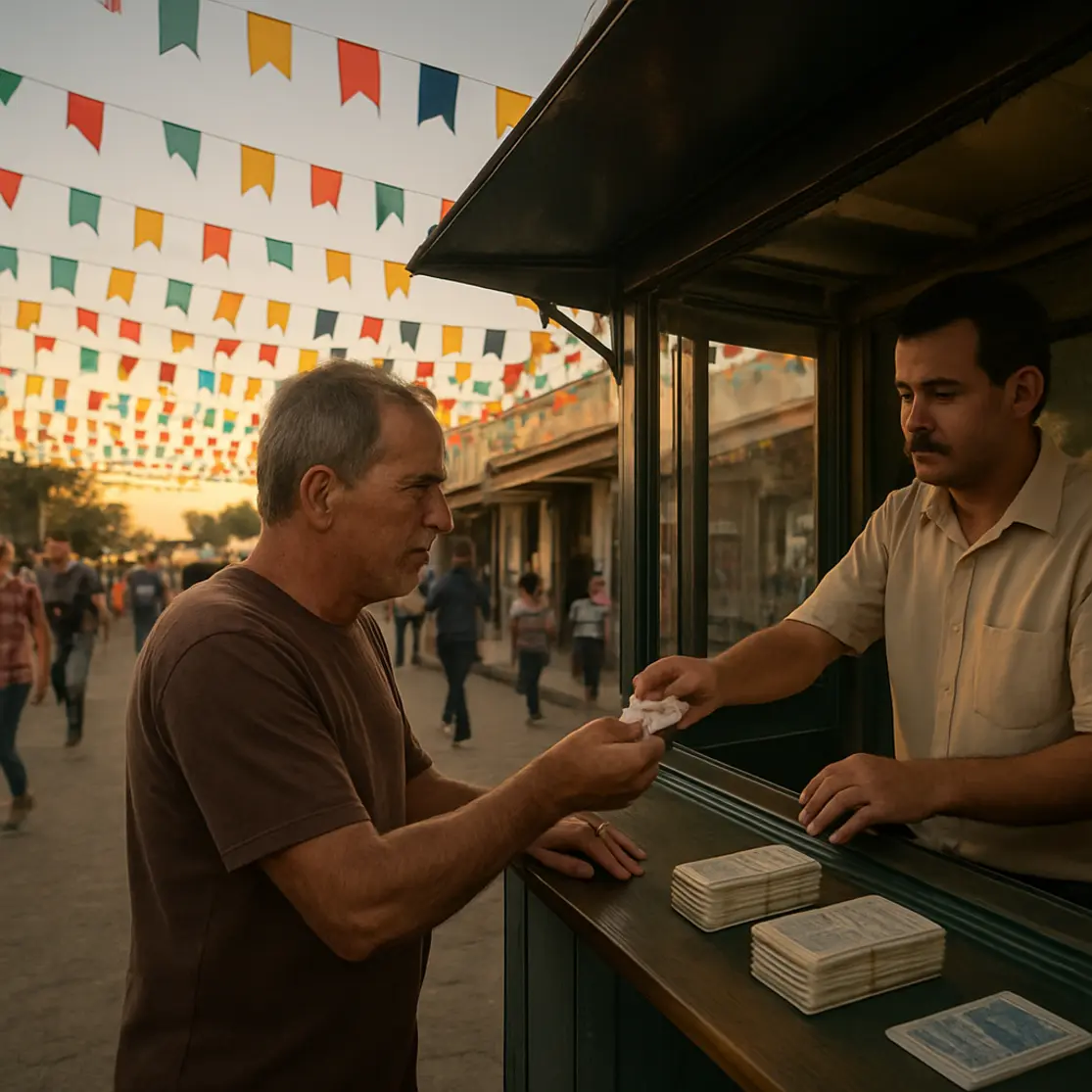 Banca de loteria com decoração junina e cliente comprando bilhete na rua