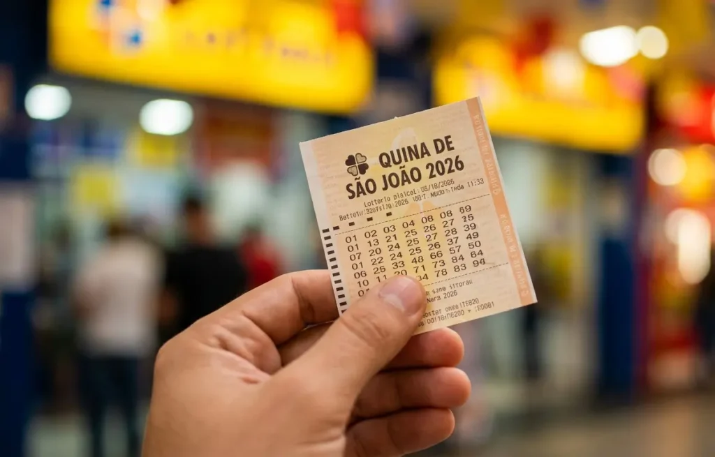 Quanto custa apostar na Quina de São João 2026: aposta mínima R$ 3 Bilhete da Quina de São João 2026 segurado por uma mão, foco no papel texturizado