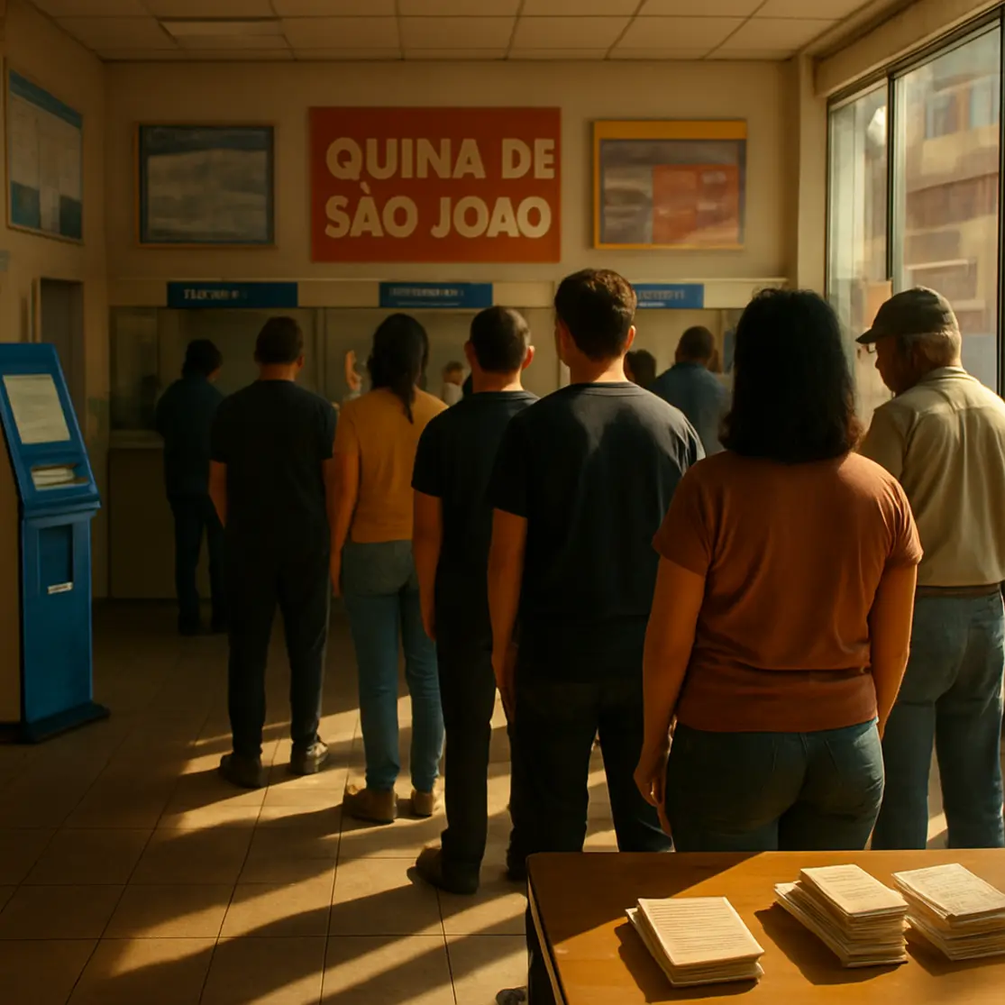 Interior de lotérica com fila e totens de apostas, visão ampla