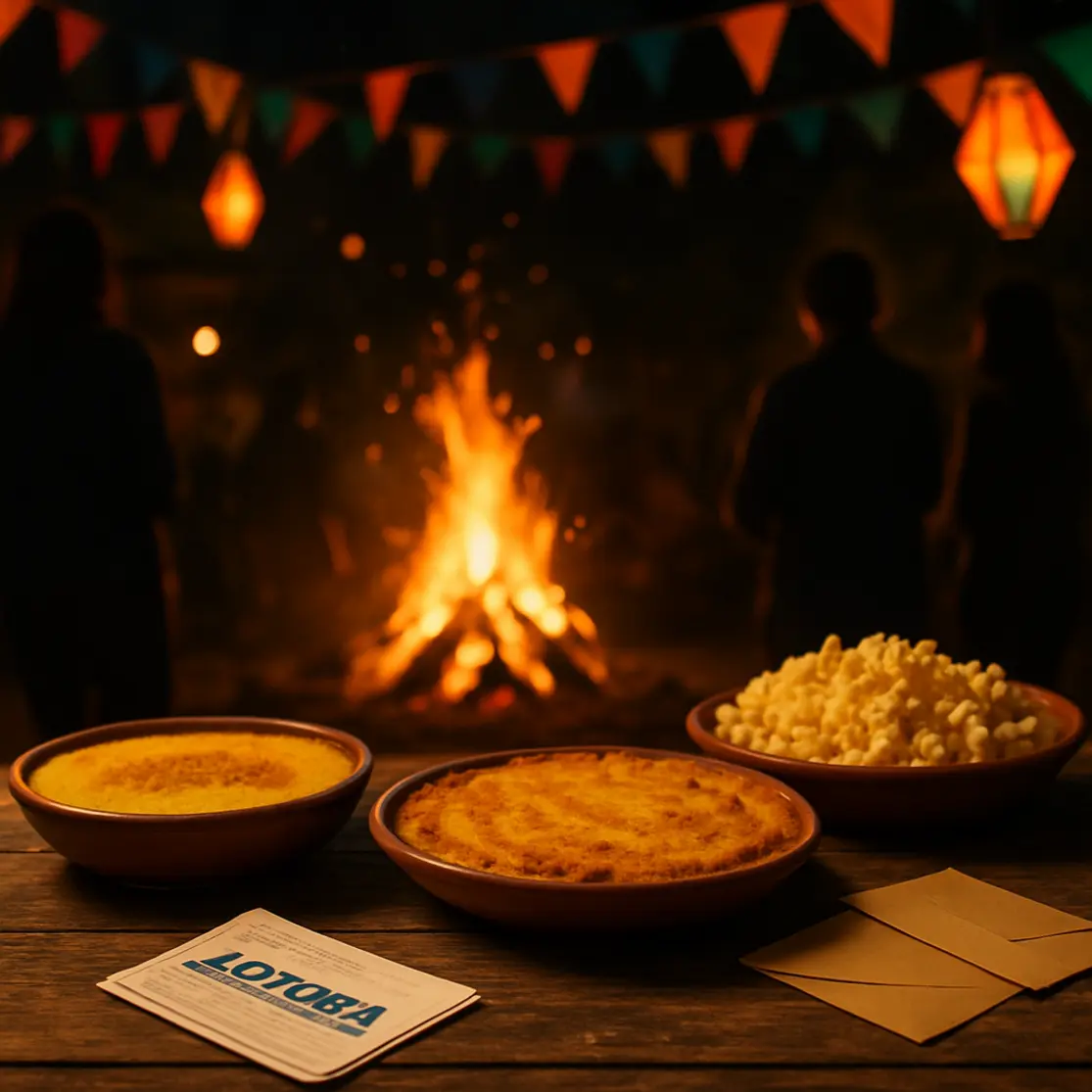 Mesa rústica com comidas típicas e bilhetes de loteria em festa de São João à noite