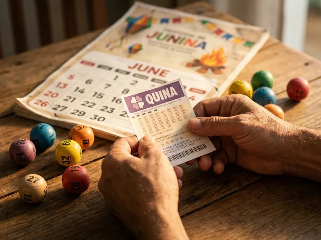 Mãos segurando bilhete da Quina sobre mesa com bolas coloridas e calendário de junho ao fundo