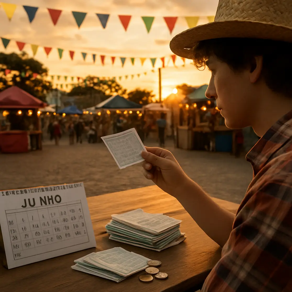 Cena aberta de festa junina com mesa contendo bilhetes da loteria e calendários de junho, pessoa em perfil conferindo bilhete