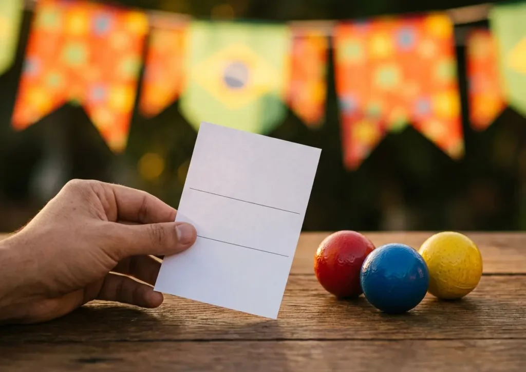 Quina de São João 2026: sorteio em 28 de junho no Espaço da Sorte Talão de aposta sobre mesa com bolas coloridas e bandeirinhas de São João ao fundo
