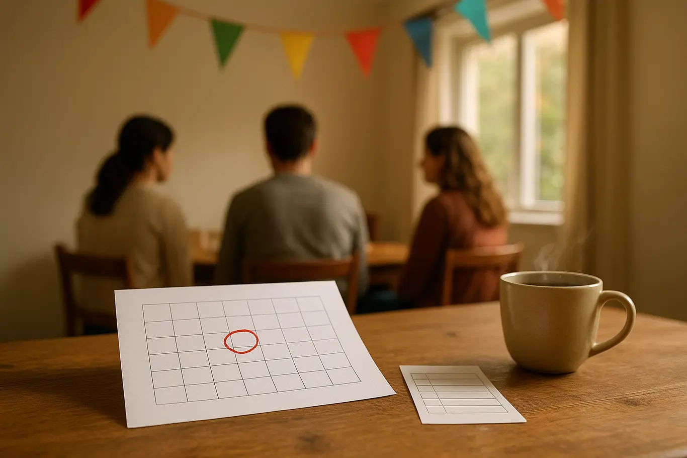 Mesa com calendário marcado por círculo, talão neutro e bandeirinhas de São João