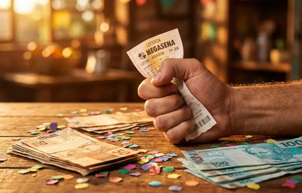 Quina de São João 2026: valor estimado entre R$ 220 mi e R$ 300 mi Mão segurando bilhete de loteria e cédulas sobre mesa rústica com luz dourada