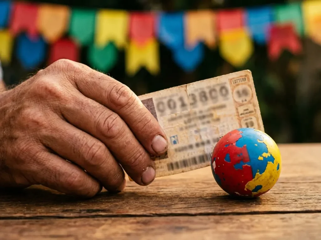 Números sorteados da Quina de São João 2025: 12, 19, 20, 34, 35 Mão segurando bilhete desfocado sobre mesa com bandeirinhas de São João