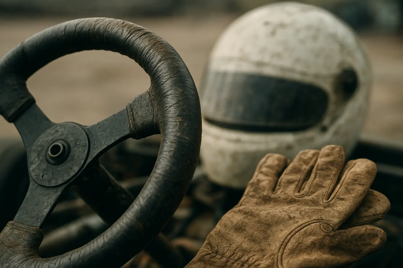 Detalhe do volante de kart usado com luvas e capacete desfocado ao fundo