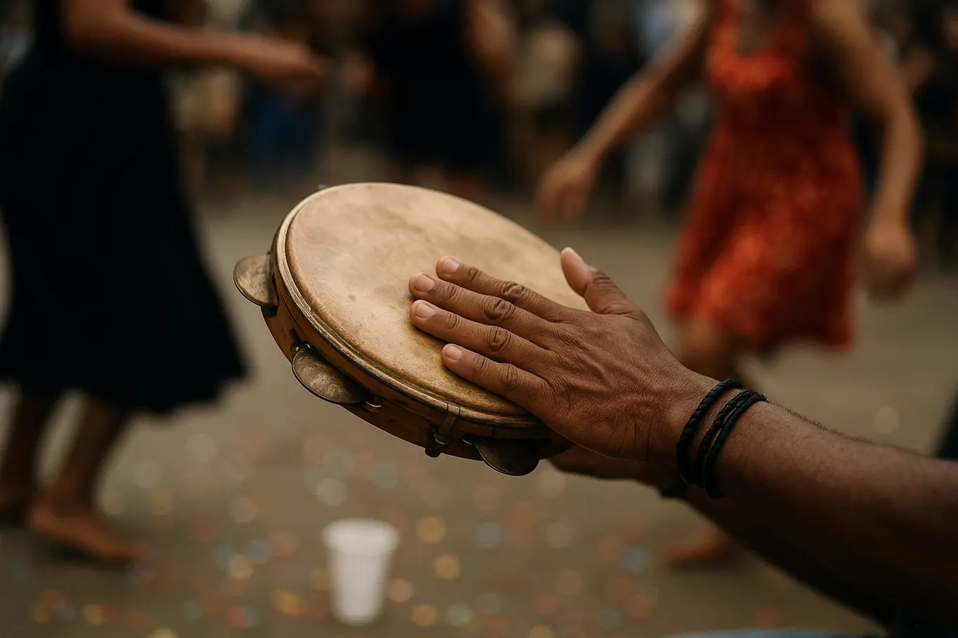 Detalhe das mãos tocando pandeiro e objetos no chão durante o baile no Sarau‑Vá.