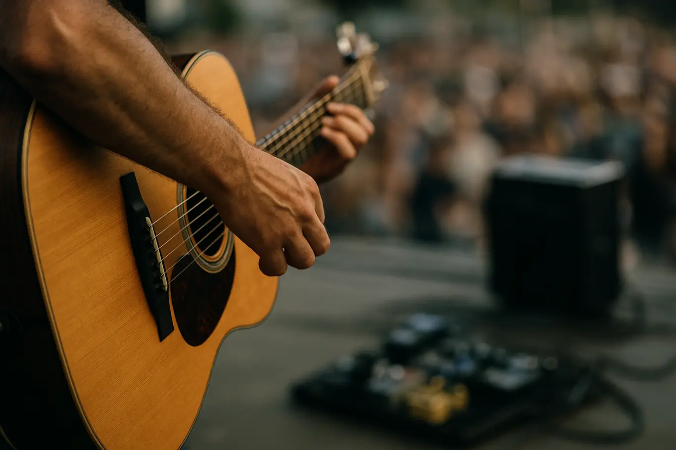 Detalhe da mão do músico tocando violão no palco do Sesc 504 Sul, com equipamento ao fundo desfocado.