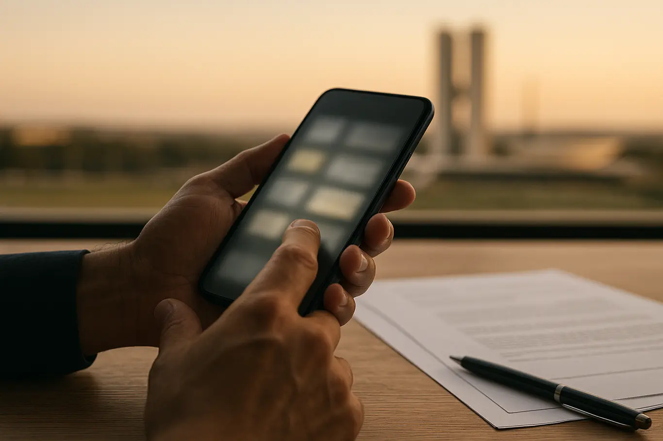 Detalhe de mãos segurando smartphone com tela desfocada e contorno do Congresso Nacional ao fundo