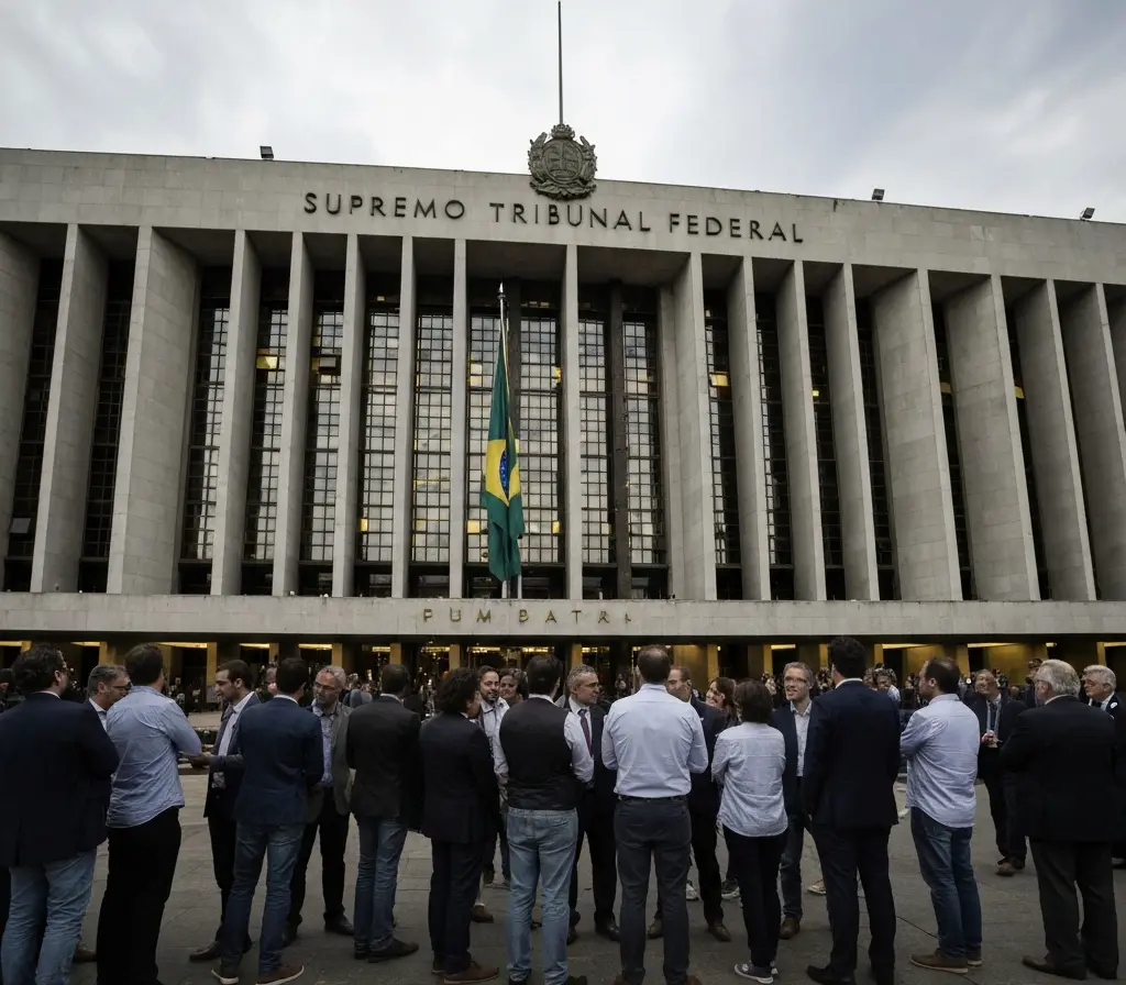 Decisão do STF amplia responsabilidade de plataformas e muda redes no DF Fachada do Supremo Tribunal Federal ao entardecer, jornalistas de costas e bandeira do Brasil