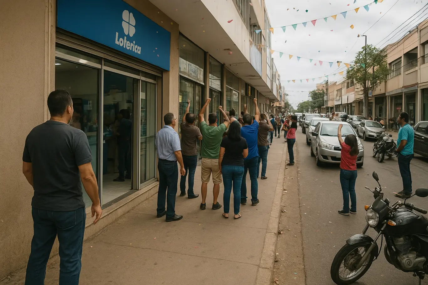 Rua comercial de Taguatinga com fachada genérica de lotérica e grupo de pessoas de costas comemorando, mostrando movimento do comércio local.