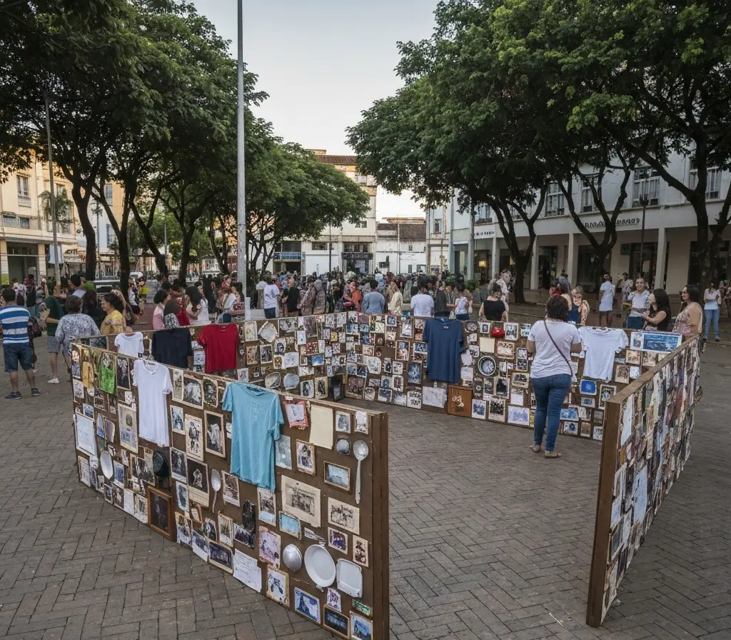 Memória vira matéria-prima em Taguatinga e reforça identidade no Distrito Federal Instalação comunitária de objetos e fotos em praça de Taguatinga vista em plano aberto com pessoas de costas observando