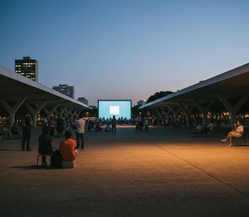 Tela Brasil tem última chance em Brasília para ver cinema nacional de graça Público visto de costas em sessão pública gratuita do Tela Brasil em praça de Brasília ao entardecer.