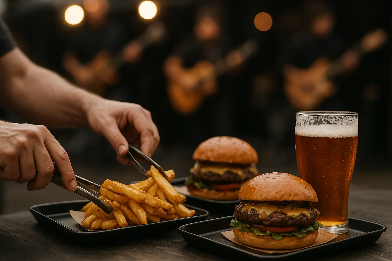 Detalhe de comida e bebida servida no Torresmofest com palco iluminado ao fundo