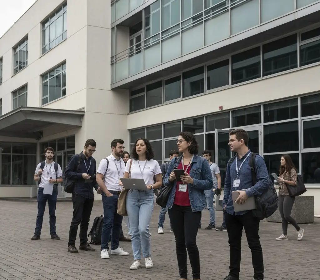 UnB abre residência em ia com bolsa de R$ 1.500 e mira mercado do DF Grupo de jovens profissionais vistos de costas subindo degraus de prédio universitário moderno, carregando mochilas e laptops, em luz natural matinal.