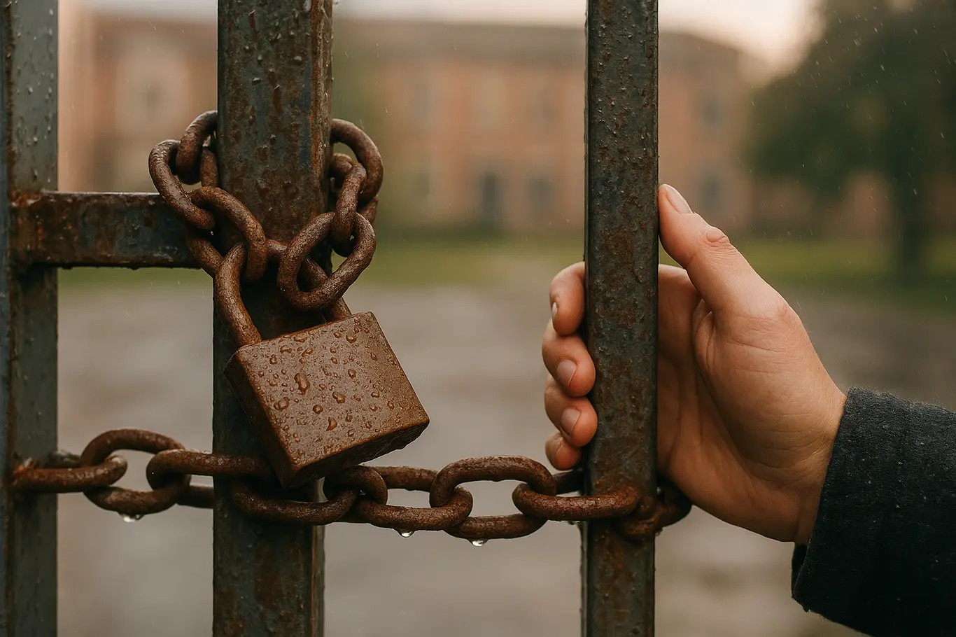Close na corrente e cadeado no portão com prédio desfocado ao fundo