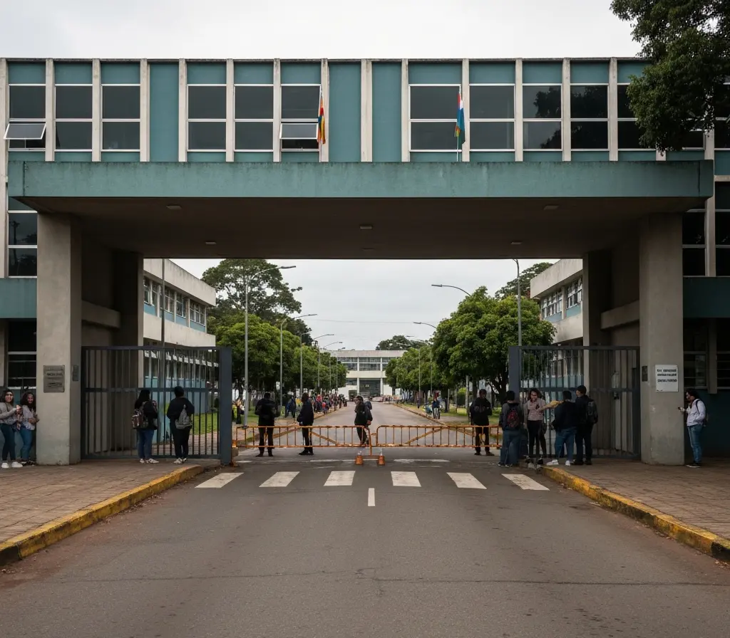 Eleição na UnDF é suspensa e adia decisões que afetam o DF Portão fechado de campus universitário com pessoas observando de costas
