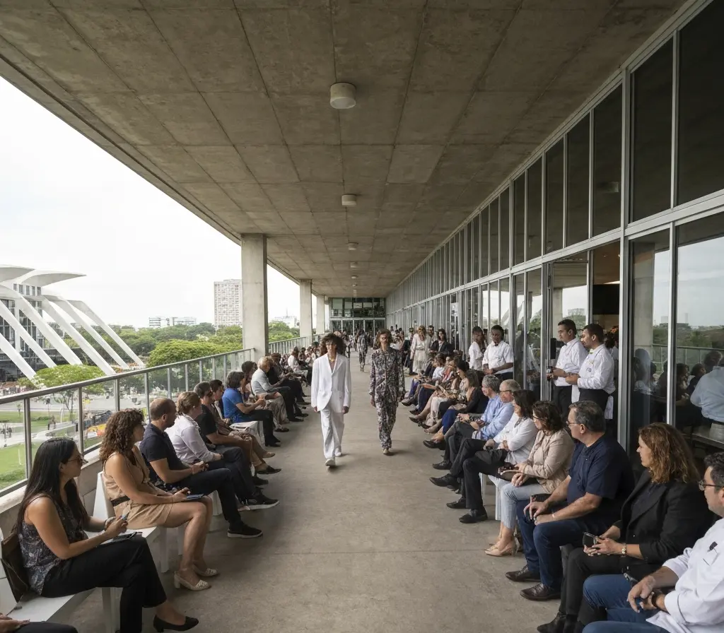 Varanda BSB no Brasília design week reúne moda circular e impulsiona criadores DF Varanda do evento com modelos em roupas reaproveitadas, público de costas e músicos em palco