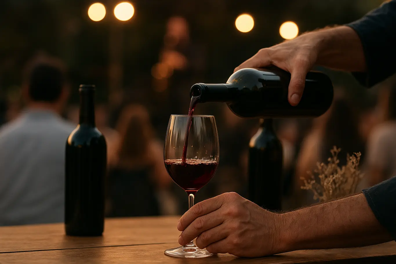 Close-up de mãos servindo vinho com palco de jazz desfocado ao fundo