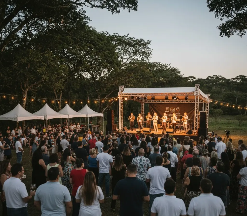 Wine jazz Goiânia celebra Tom Jobim e atrai brasilienses ao Cerrado Público de costas ergue taças de vinho diante de palco de jazz ao entardecer no cerrado