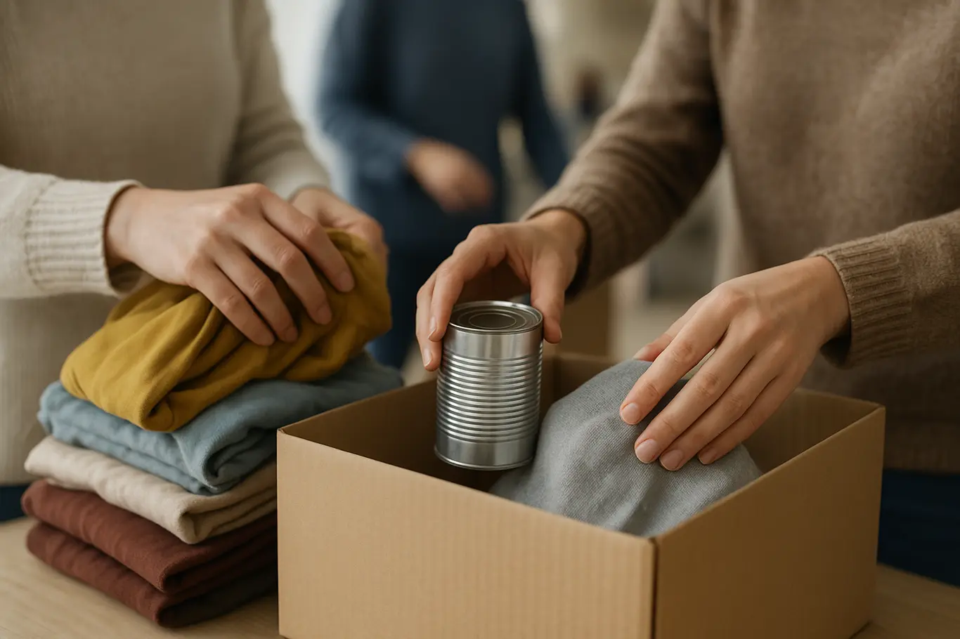 Detalhe de mãos de voluntários separando roupas e colocando alimentos em caixas durante o bazar solidário