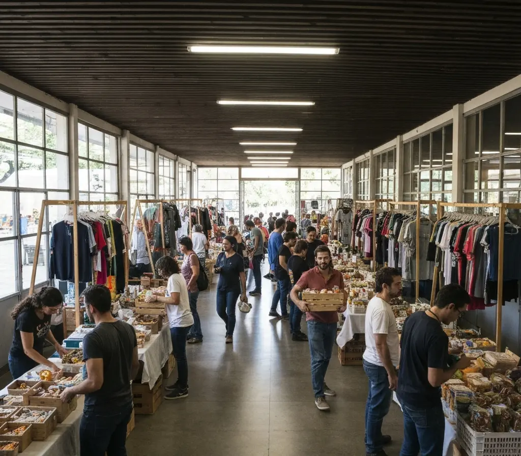 Bazar closet compartilhado em Brasília reúne moda circular e arrecada alimentos Visão ampla do bazar com araras de roupas e voluntários organizando caixas de alimentos em espaço comunitário em Brasília