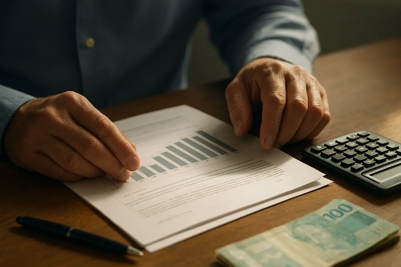 Plano detalhe de mãos manuseando documentos financeiros, calculadora e cédulas reais sobre mesa.
