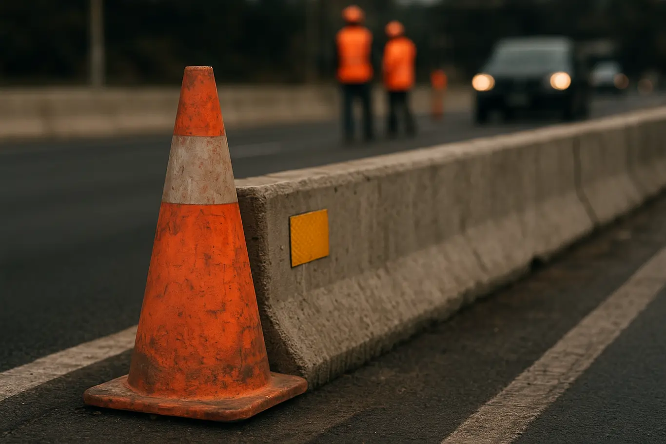 Detalhe de cone e barreira de concreto no canteiro da BR-020, asfalto novo e veículos desfocados ao fundo.