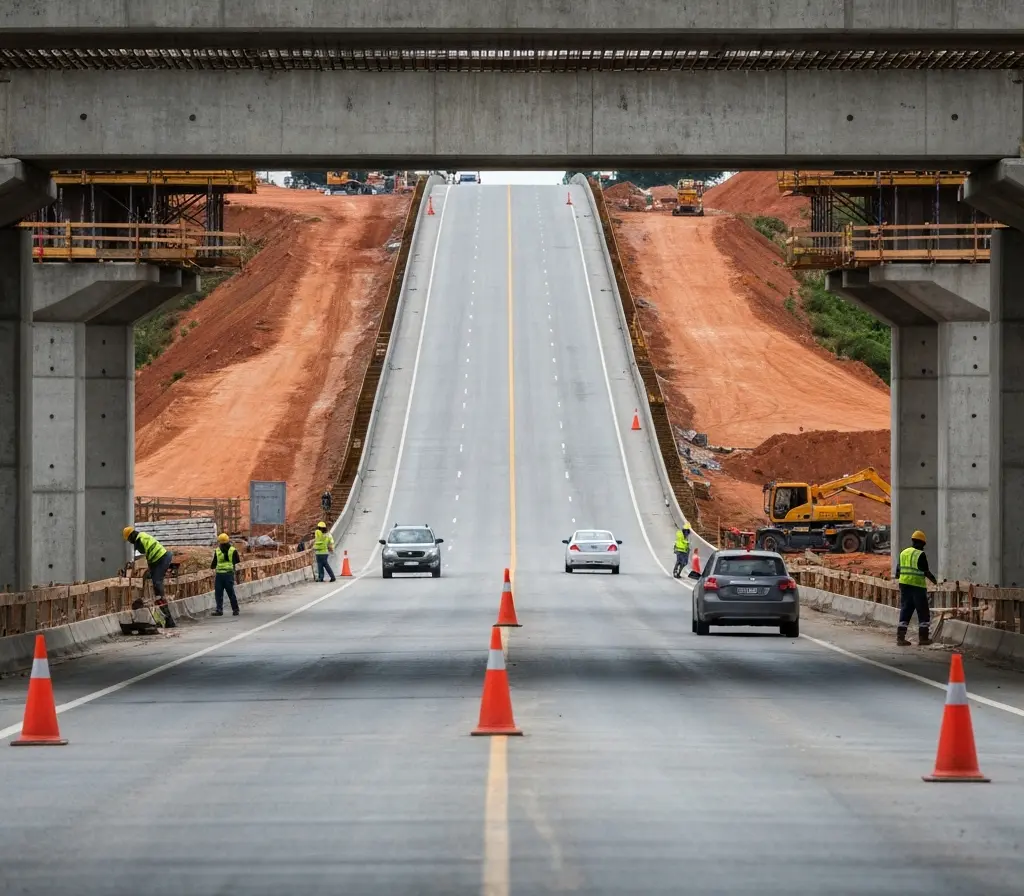 Pista inferior do viaduto na BR-020 é liberada; Brasília terá desvios Viaduto da BR-020 com pista inferior liberada e veículos passando; canteiro de obras ao fundo.