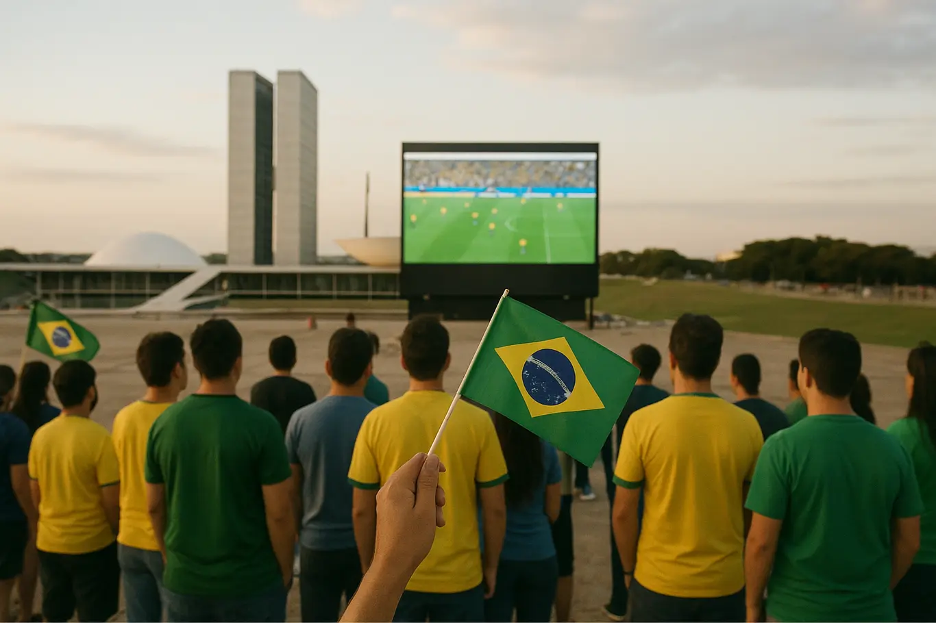 Praça em Brasília com Congresso Nacional ao fundo, torcedores de costas e bandeiras do Brasil em destaque