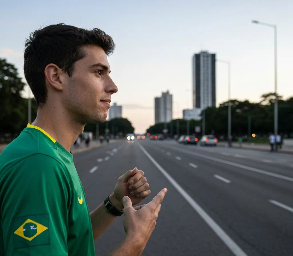 Braathen escolhe torcer pelo Brasil e aquece exibições em Brasília Braathen visto de costas na Esplanada de Brasília com camiseta nas cores do Brasil e braço erguido, multidão desfocada ao fundo