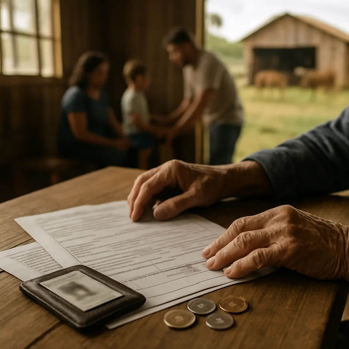 Mesa de madeira com documentos e mãos enrugadas, ambiente doméstico rural ao fundo