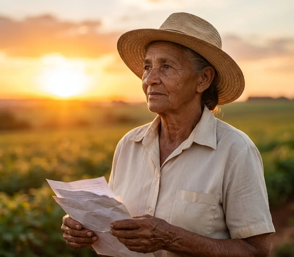 Aposentadoria por idade rural: quem tem direito e como provar 15 anos Agricultora idosa em três quartos segurando envelope com documentos, cenário de campo ao entardecer