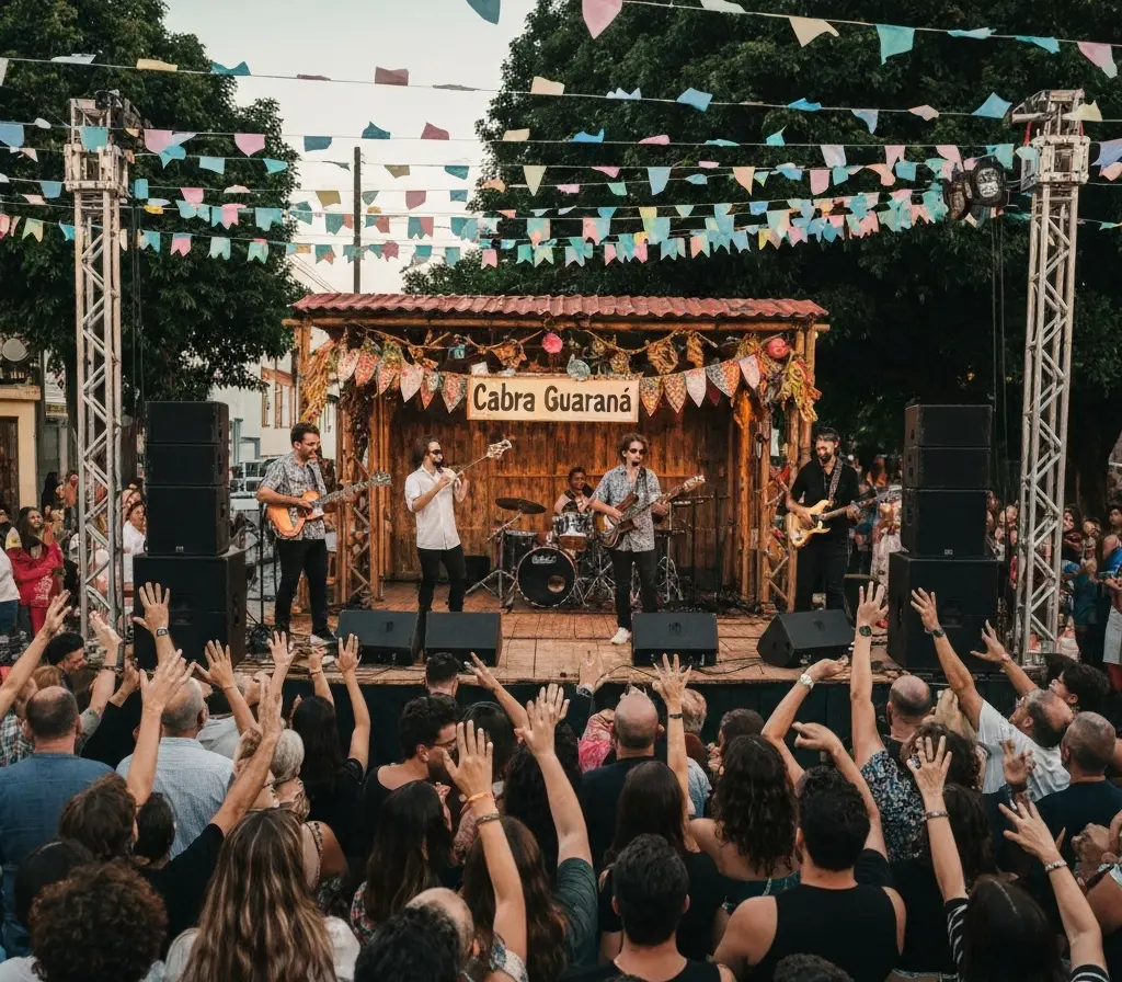 Arena Brasil se despede na Birosca com Cabra Guaraná e deixa legado cultural Multidão de costas e músicos em silhueta na despedida da Arena Brasil na Birosca