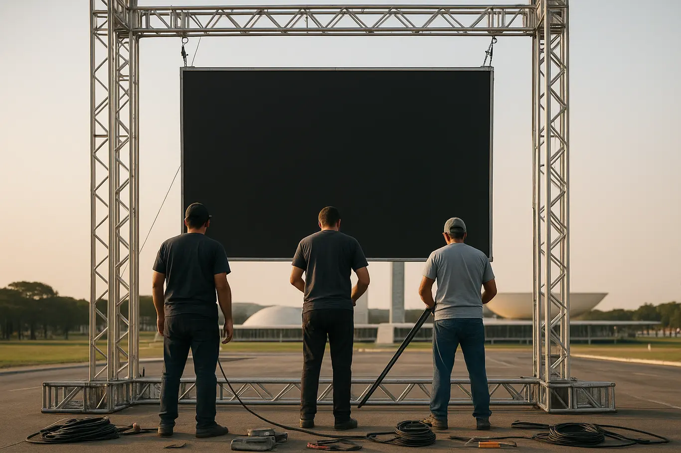 Técnicos montando telão na Esplanada dos Ministérios em Brasília, Congresso Nacional ao fundo