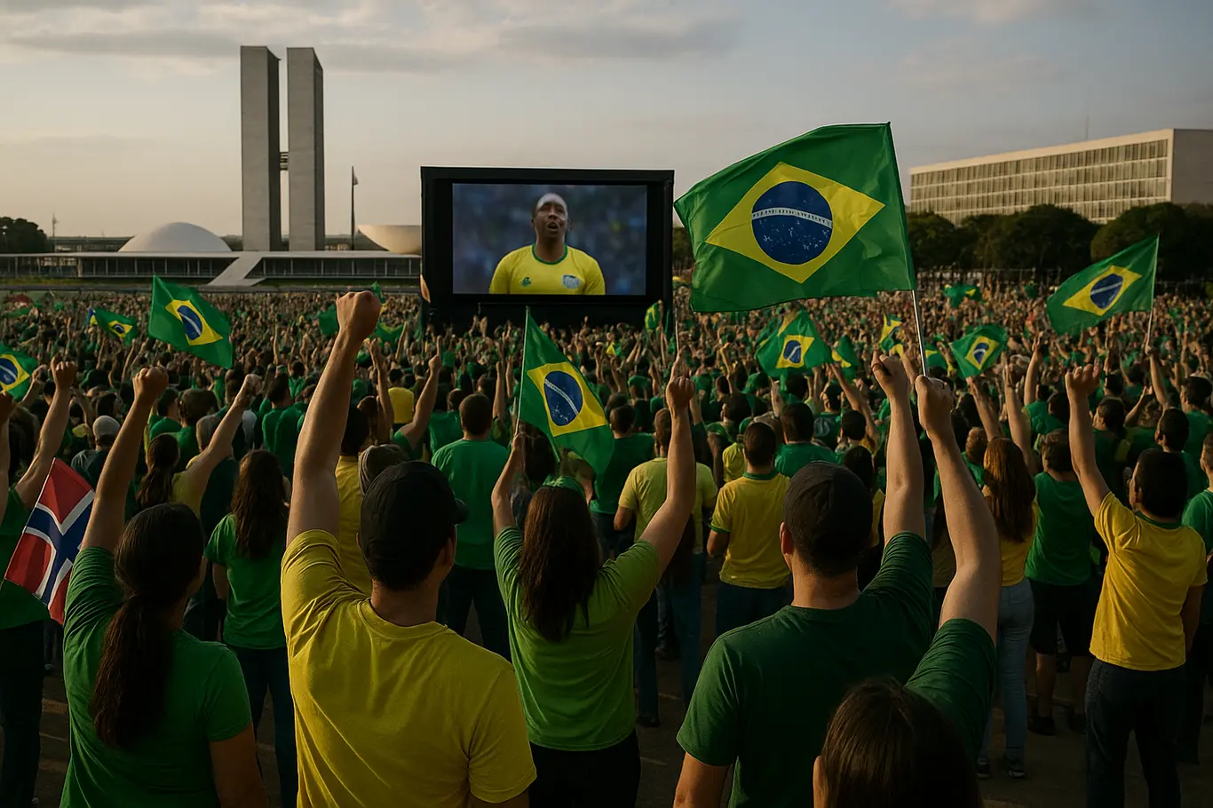 Torcida em Brasília com bandeiras do Brasil e silhuetas de torcedores de costas