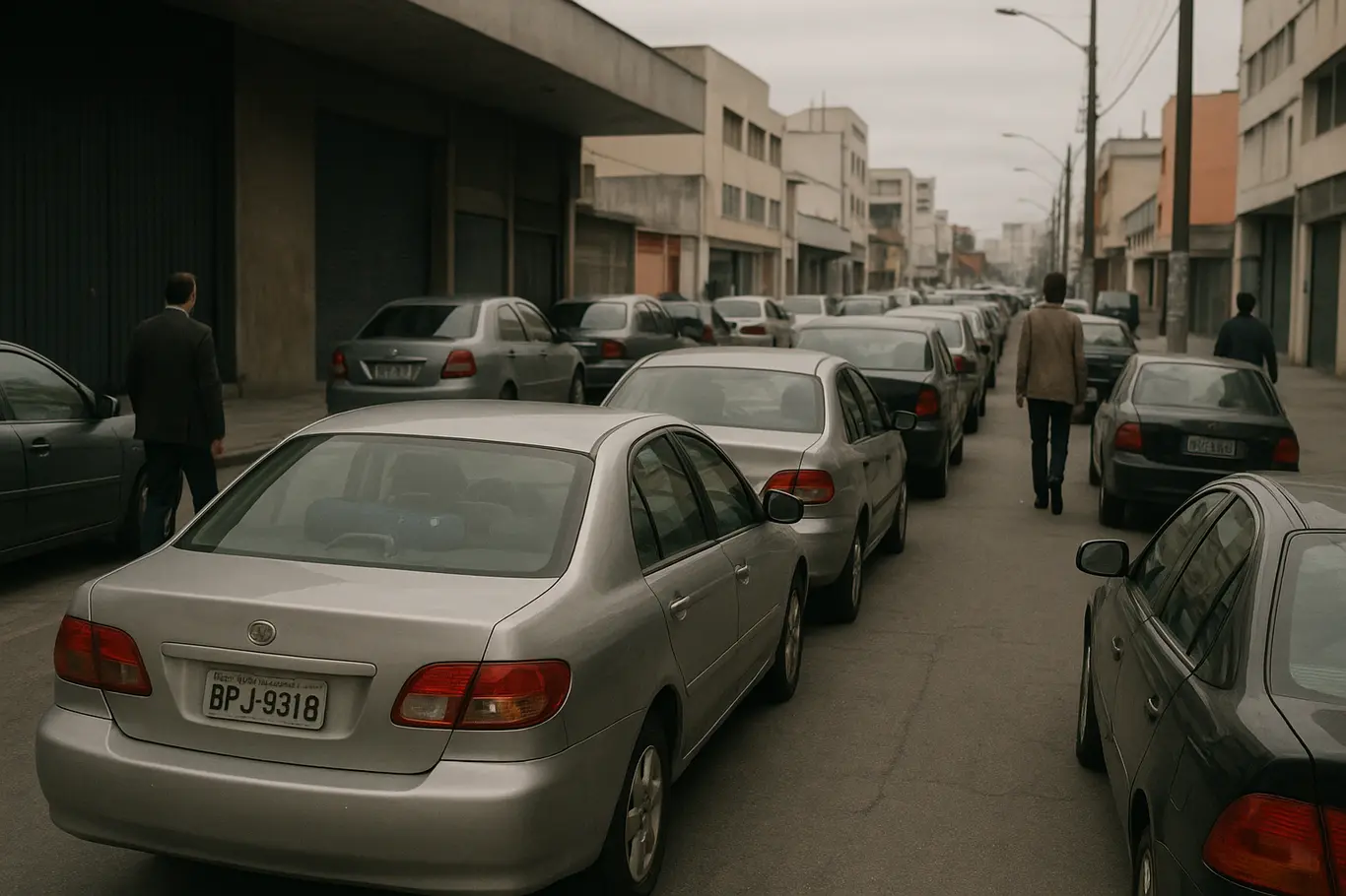 Pátio de carros usados em rua de São Paulo com mala visível pelo vidro, pessoas de costas circulando