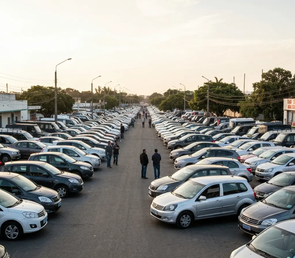 Mercado de caminhões usados cresce 300% e pressiona fretes no DF Pátio lotado de caminhões usados com compradores de costas em movimento