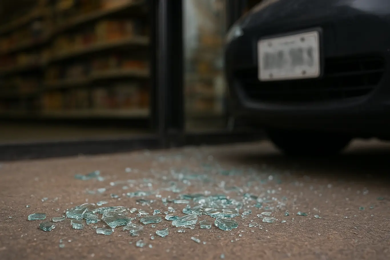 Close de cacos de vidro no chão e para-choque do carro encostado na vitrine, placa desfocada