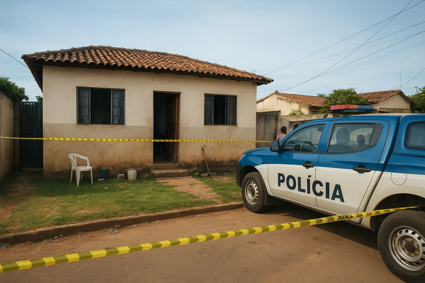 Fachada da casa com fita de isolamento e viatura policial, vizinhos desfocados