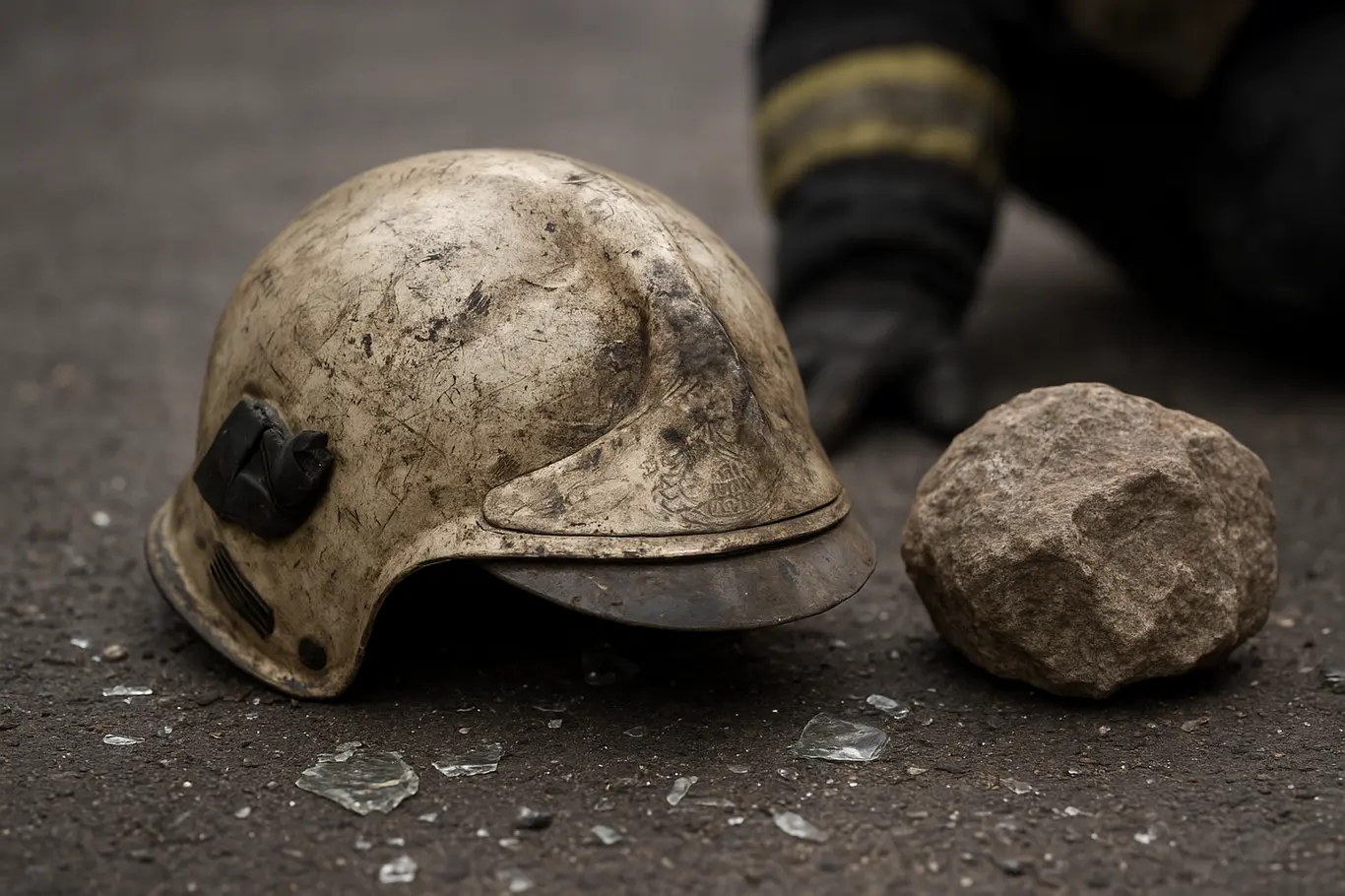 Close-up de capacete de bombeiro amassado e uma pedra ao lado sobre o asfalto, fragmentos de vidro e sujeira ao redor.
