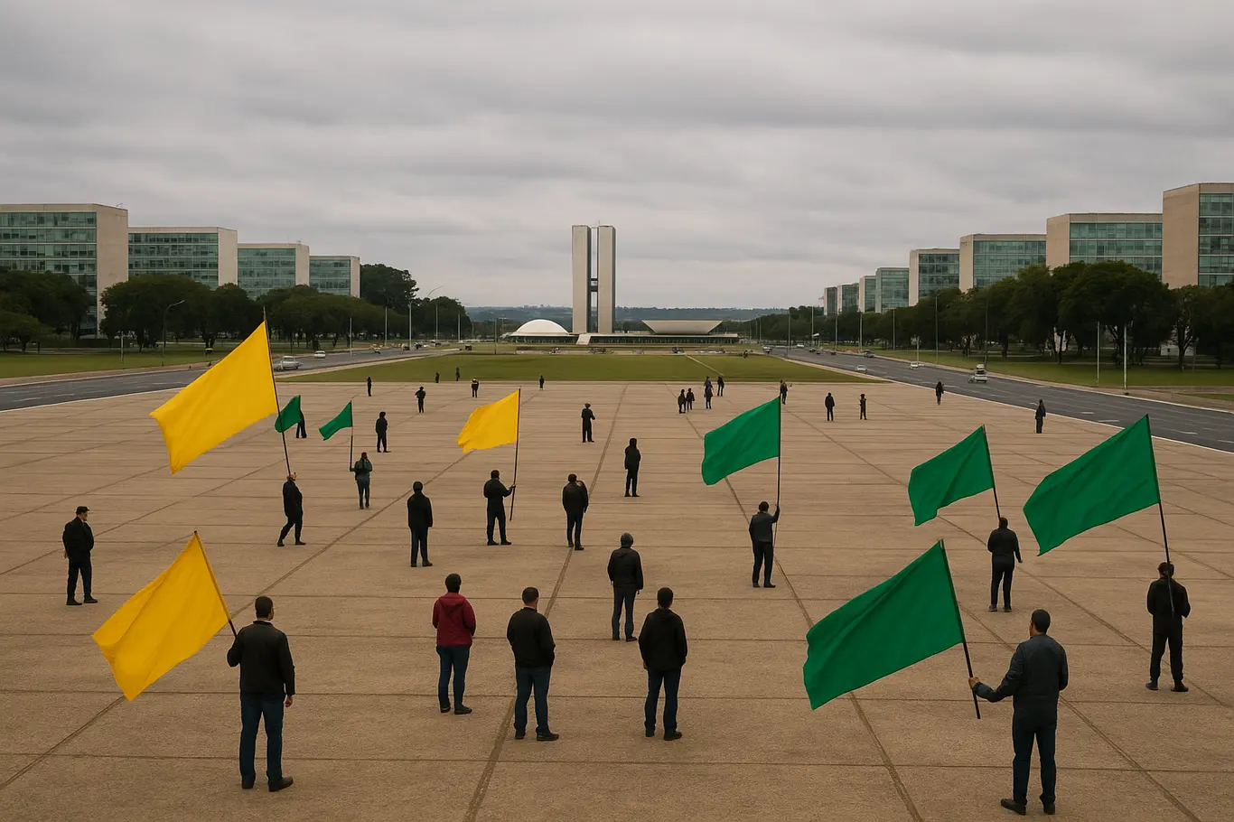 Vista ampla da Esplanada dos Ministérios com pequenos grupos e bandeiras sem inscrições