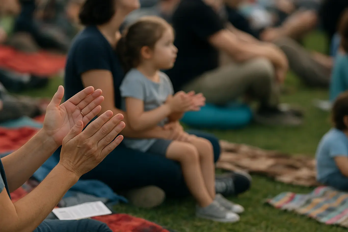 Detalhe das mãos aplaudindo e pés de espectadores em praça durante apresentação da companhia, rostos desfocados para preservar identidades.