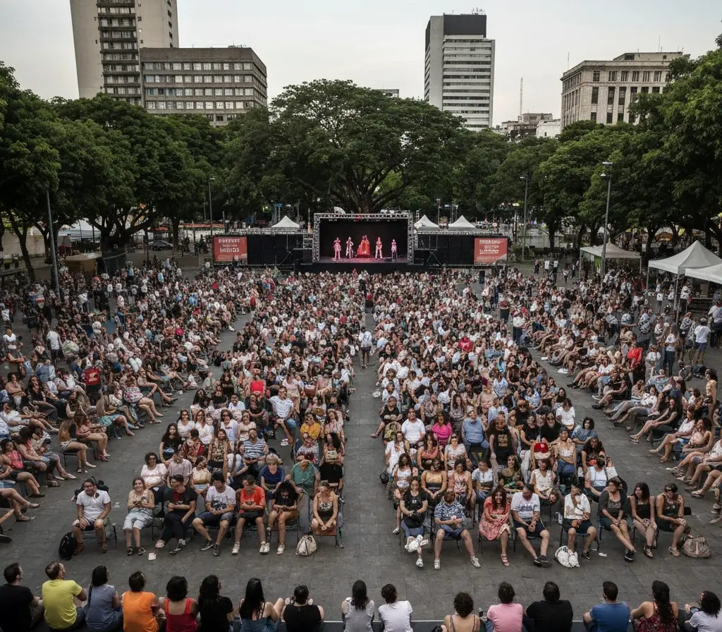Mais de 5 mil assistem no DF à Cia. Os Melhores do Mundo em praças Grande público em praça do DF assistindo apresentação da Cia de Comédia Os Melhores do Mundo ao entardecer, visto de costas para preservar identidades.
