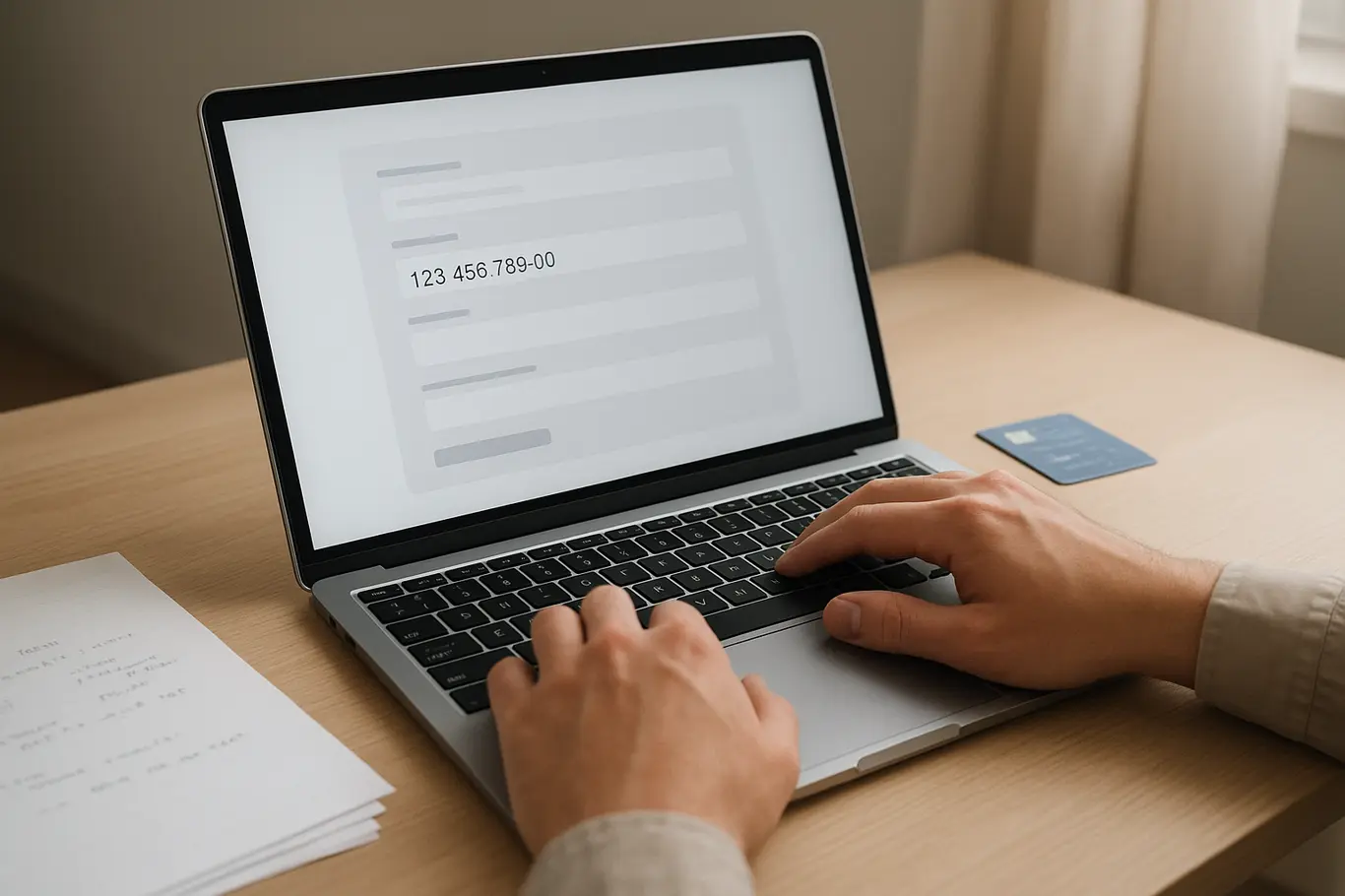 Vista sobre o ombro de pessoa digitando CPF em laptop com papéis ao lado