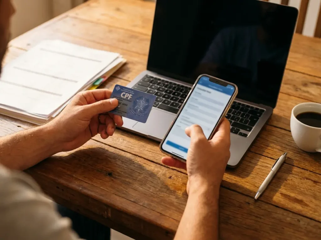 Mãos segurando cartão de CPF e smartphone sobre mesa com laptop e papéis, luz quente