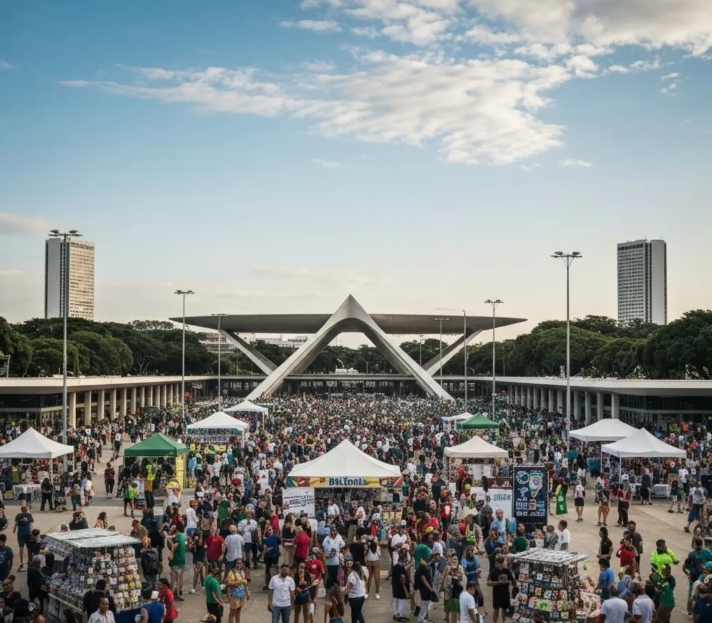 Copa de 2026 registra 7 recordes e transforma consumo do futebol em Brasília Multidão em fan zone de Brasília durante jogo da Copa de 2026, vista panorâmica sem rostos identificáveis