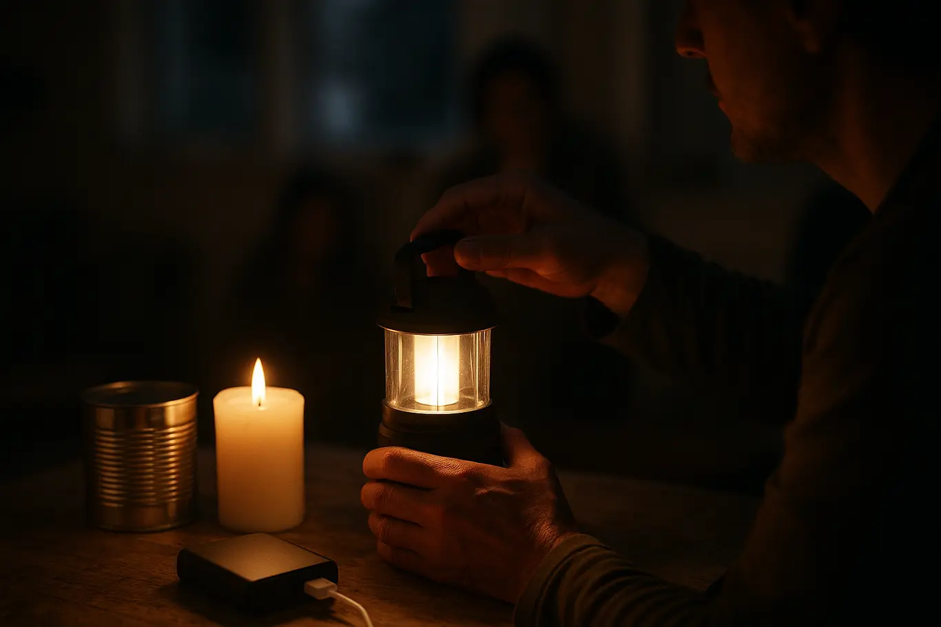 Detalhe de lanternas e mãos ajustando lanterna em mesa com alimentos e power bank durante apagão